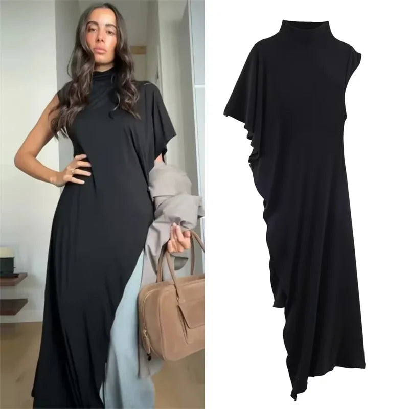 Black Asymmetrical High-Neck Draped Sleeve Top