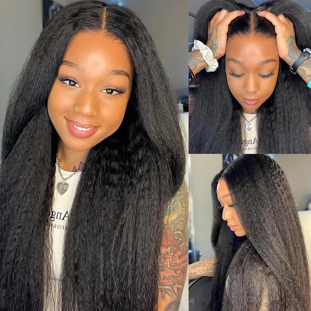 Kinky Yaki Straight 13x6 HD Lace Front Wigs For Women 200% Density Natural Black Yaki Lace Front Wigs For Women Synthetic Wigs