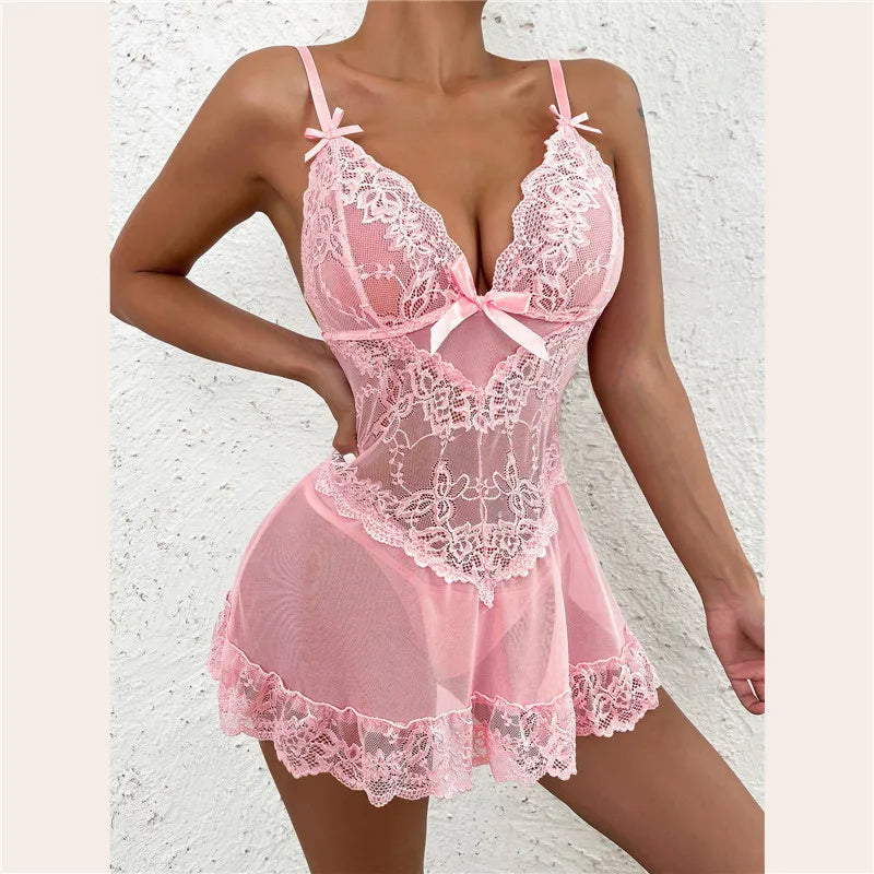 Lace Mesh Transparent Babydoll Lingerie Dress