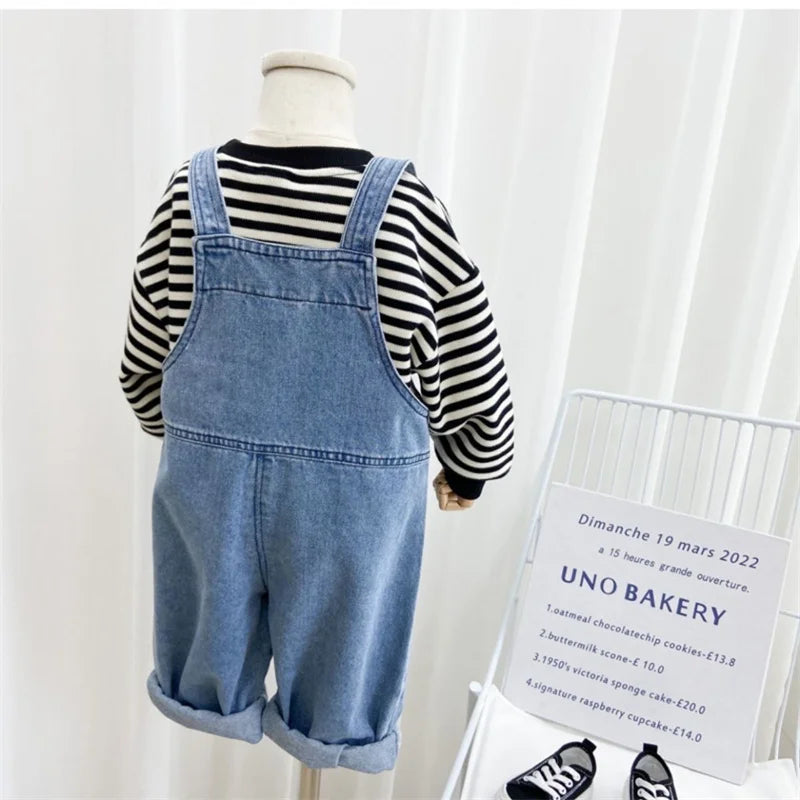 2025 Boys Overalls Girls Denim Backpack Children Solid Colour Pocket Trousers Kids Simple Fashion Casual Pant 2-8 Years Old