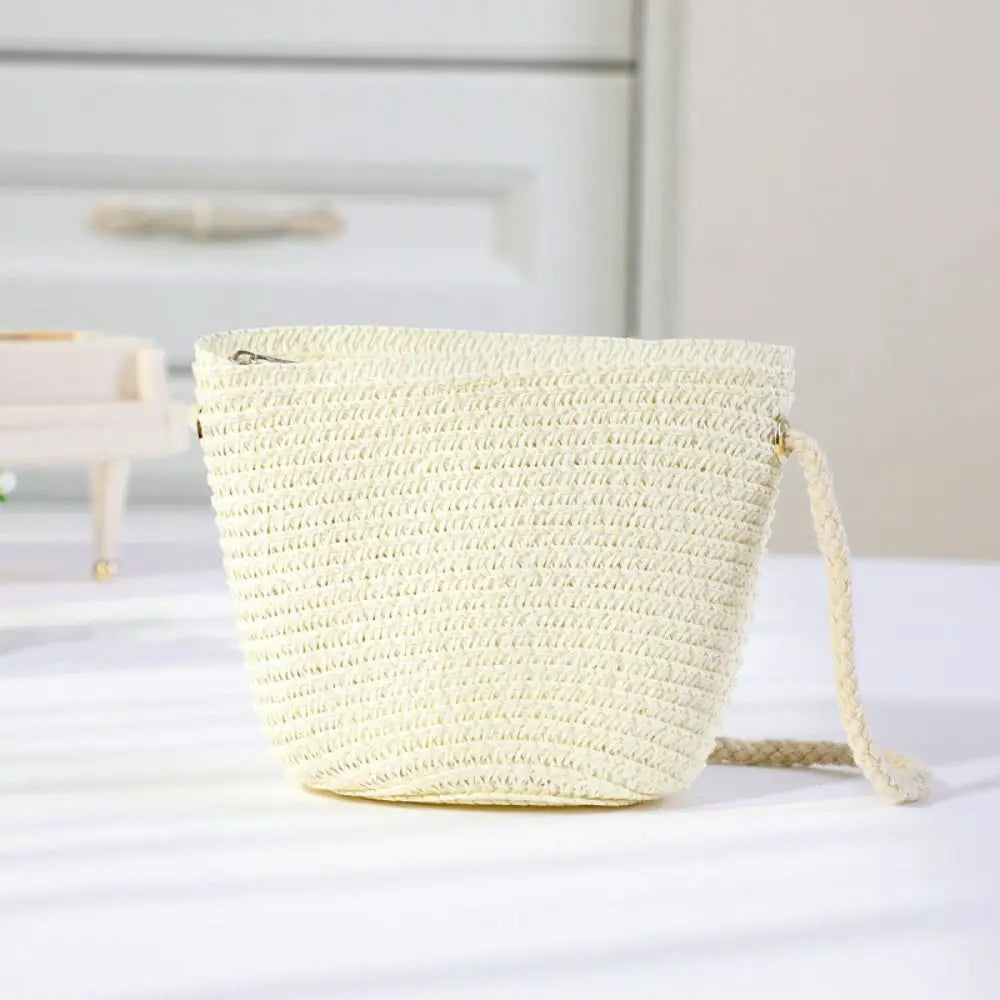 Handmade Woven Girl Flower Straw Bag Coin Purse Zipper Kid Messenger Bags Photo Props Storage Basket Crossbody Handbag