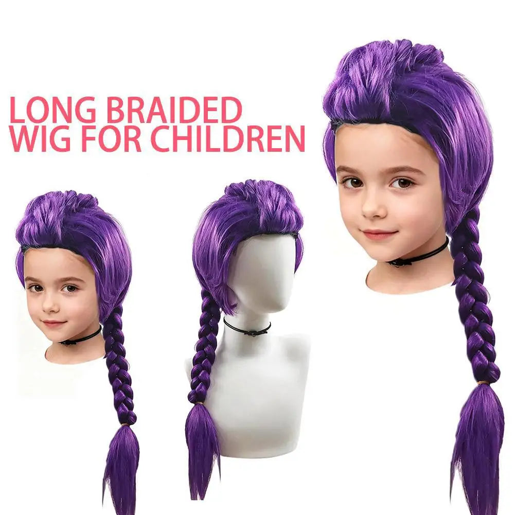 NEW Cosplay Purple/Pink Long Braid With Side Ponytail Integrated Tiger Mouth Clamp Children's Wig Halloween Costume Party Anime