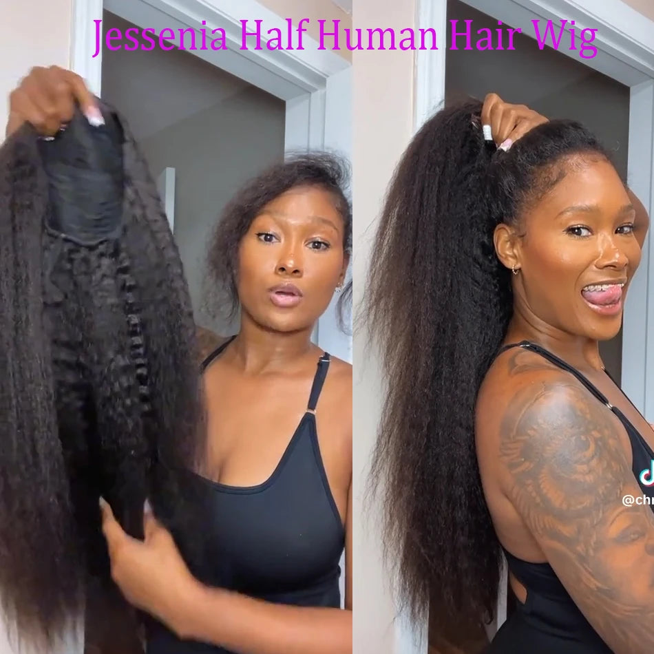 Kinky Straight Half Wig 3 In 1 Half Wig With Drawstring Flip Over Half Wig Yaki Straight Glueless Wigs Ready to Wear 250 Density