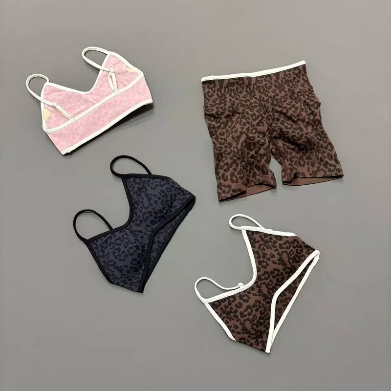 2 Pieces Leopard Print Sports Set Women Seamless Yoga Bra & High Waist Scrunch Butt Shorts Gym Workout Slim Fit Outfit