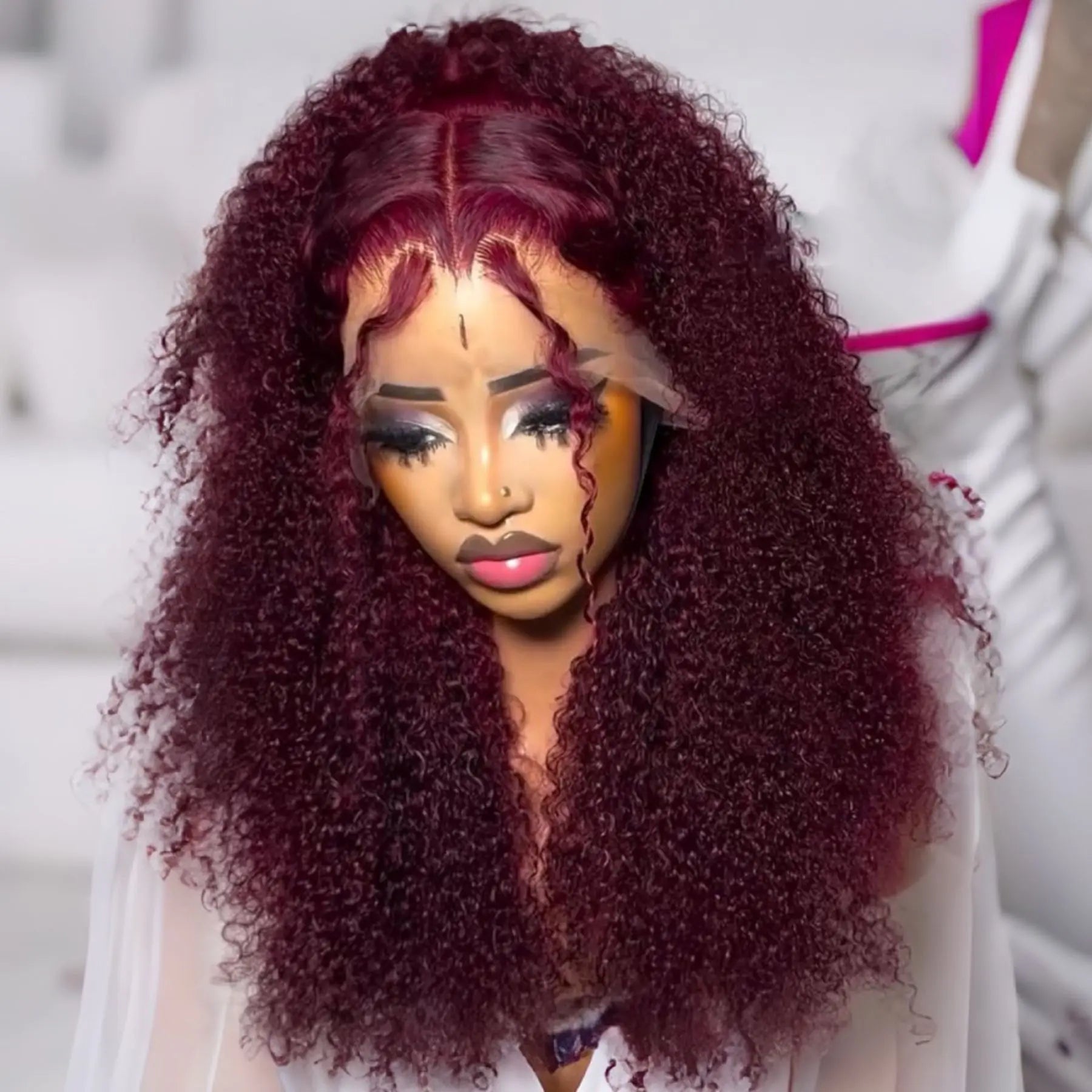 99J Red Burgundy Color Deep Wave 13X4 Lace Frontal Synthetic Wig For Women Natural Hairline Baby Hair Preplucked Bleach Knots