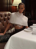 Elegant Women Shawl Cropped Top Shoulder Pads Stand Collar Short Sleeve Black Female T-shirt 2026 Spring Summer Lady Partywear