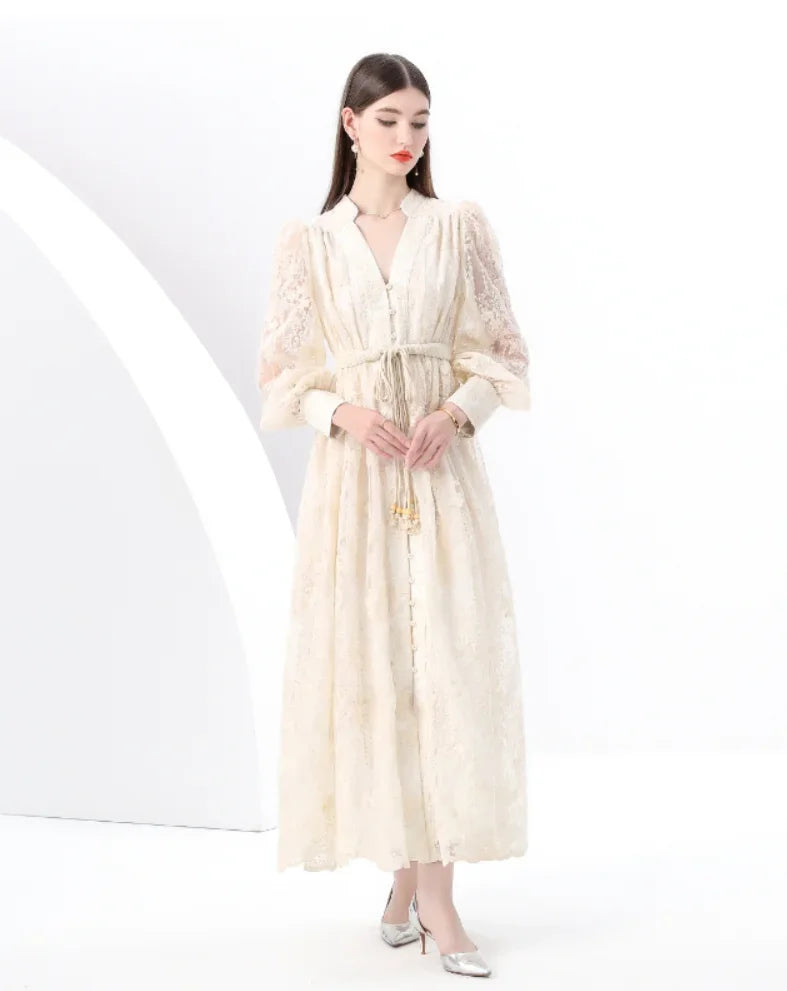 French Lace Embroidery V-Neck Lantern Sleeve Party Dress