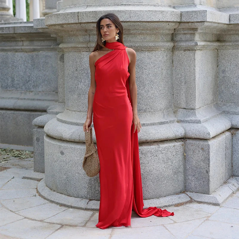 Ribbon Halter Off-Shoulder Backless Slim Maxi Dress