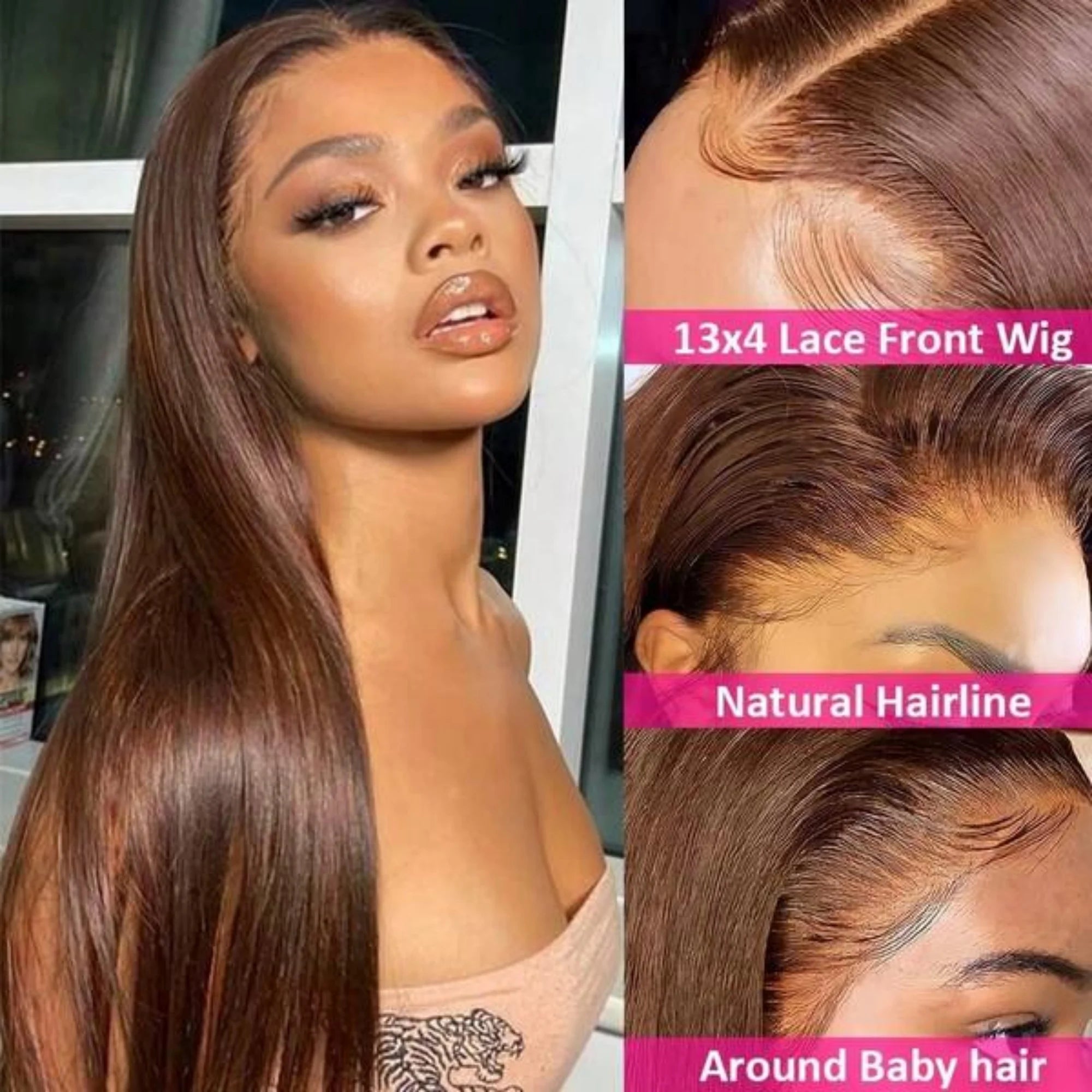 34" Chocolate Brown HD Bone Straight Lace Front Wig