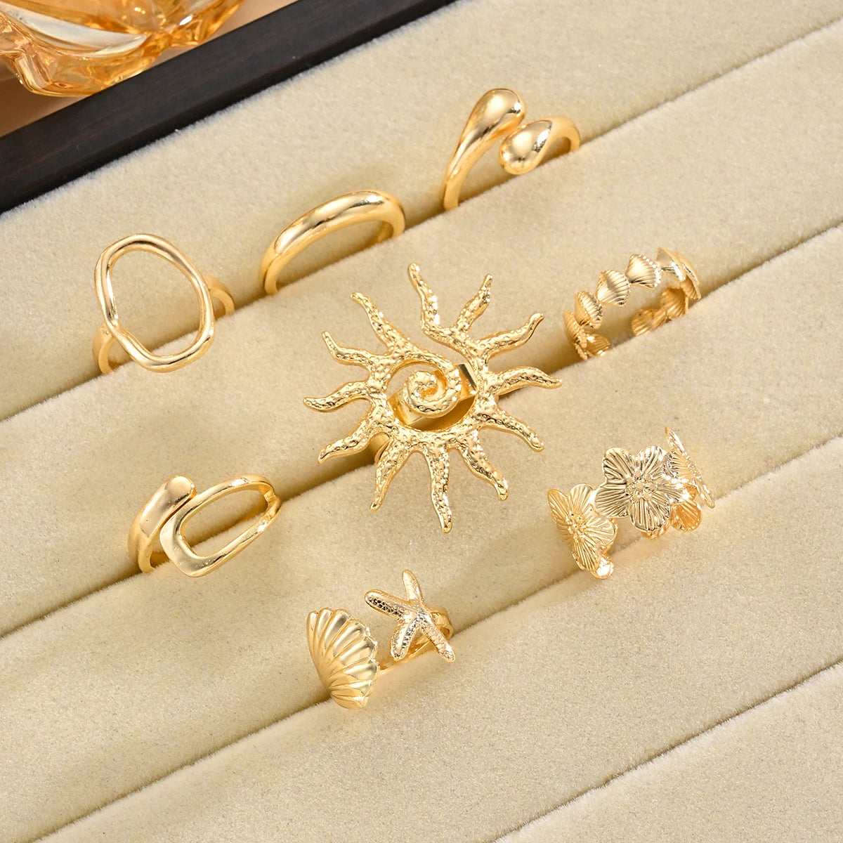 8 Pcs/Set Bohemia Sun Starfish Shell Open Rings for Women Trendy Punk Geometric Gold Color Knuckle Joint Ring Beach Jewelry Gift
