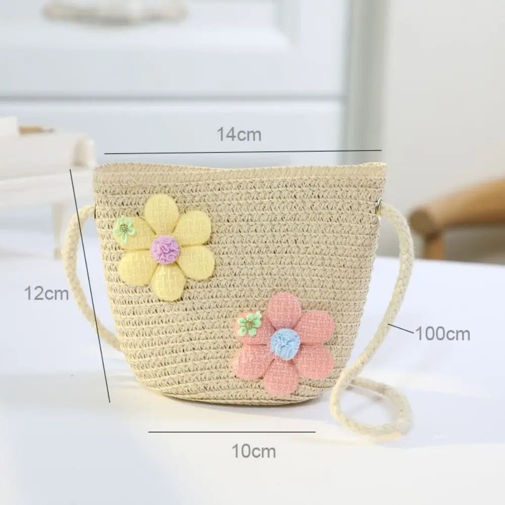 Handmade Woven Girl Flower Straw Bag Coin Purse Zipper Kid Messenger Bags Photo Props Storage Basket Crossbody Handbag