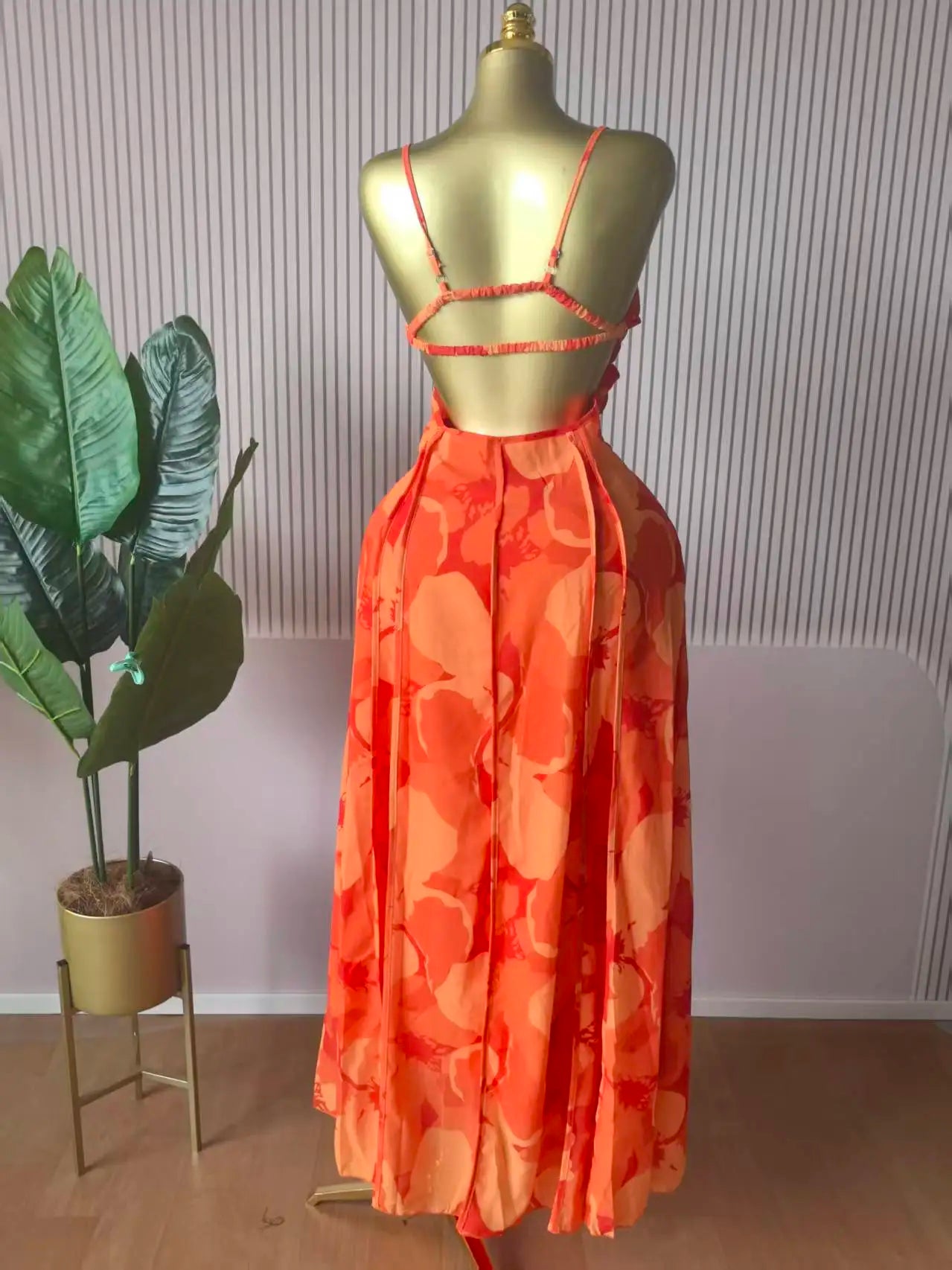 CM.YAYA Women Floral Printed Strap Backless Bra Front Big Swing Maxi Long Dress 2025 Vintage Sexy Club Party Evening Dresses