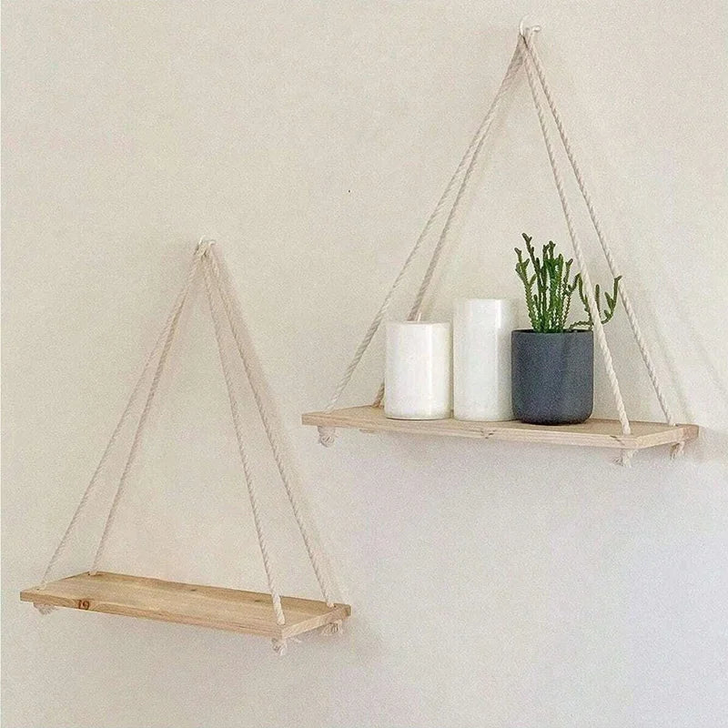 Wooden Hemp Rope Hanging Wall Shelf – Boho Home Decor
