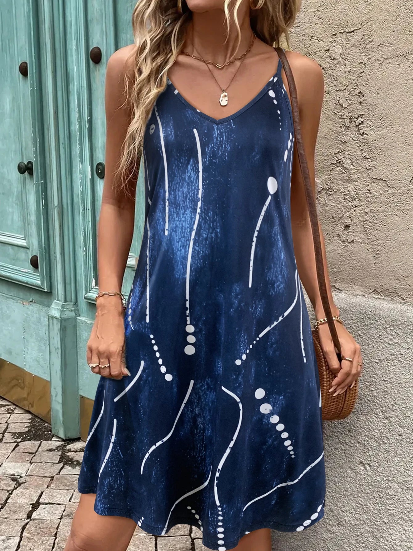 NOIR BELLE Blue Abstract V-Neck A-Line Summer Dress