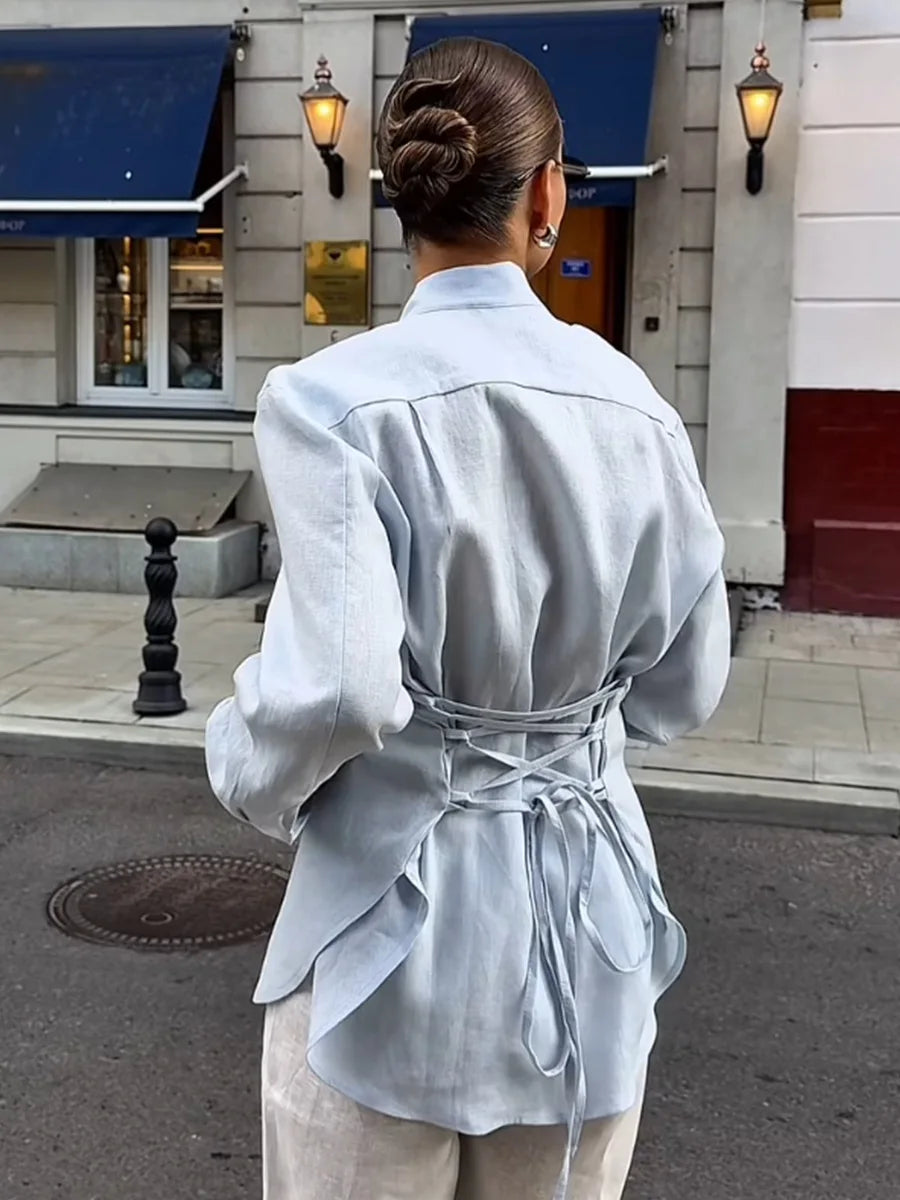 Wolfeel 100% Cotton New Autumn Tie Belted Shirt Women's  Floating Ribbon Cardigan Top Commuting Slim Blouse