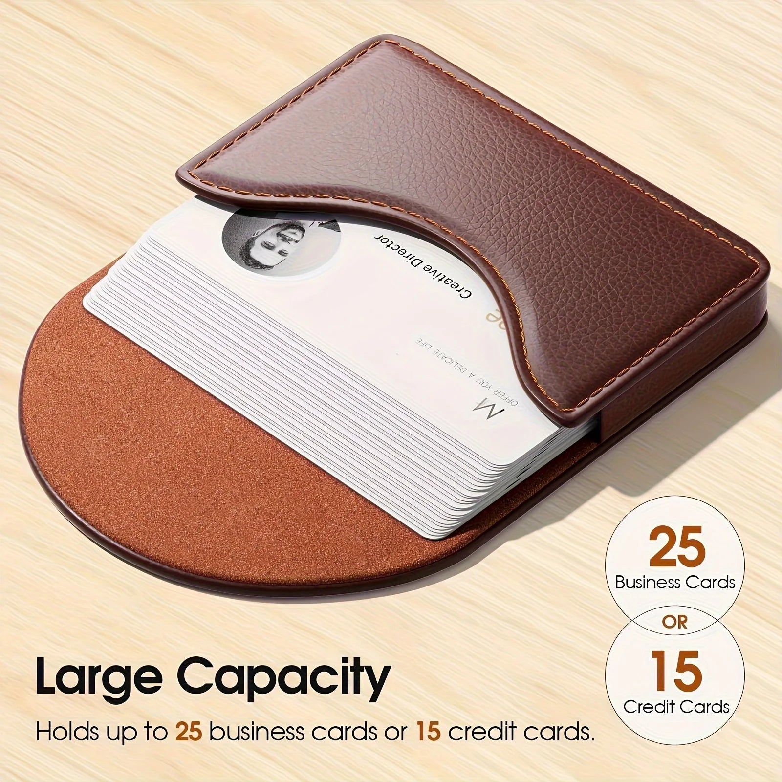 Luxury Lychee Pattern Leather Business Card Holder, Large Capacity Metal Magnetic Closure,Desk Organizer for Office, Office Desk