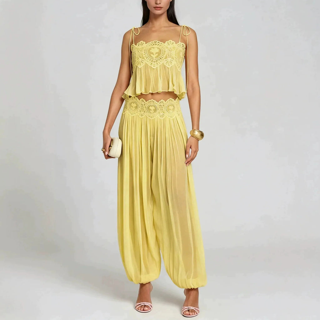 Women Pink Lace Mesh 2 Piece Outfit Straps Floral Cropped Cami High Waist Wide Leg Trousers Set Bohemian Seaside Holiday Suit