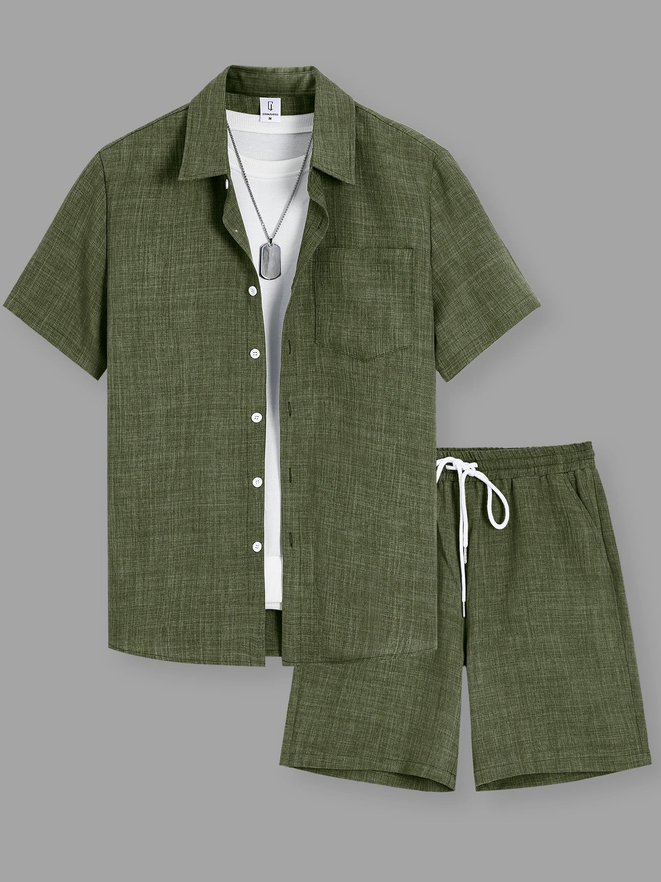 Men's Linen-Texture Lapel Shirt & Shorts Set – 5 Colors