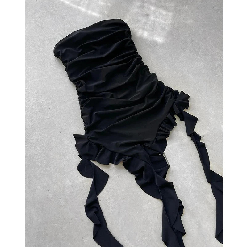 Strapless Floral Fold High Slit Mini Party Dress