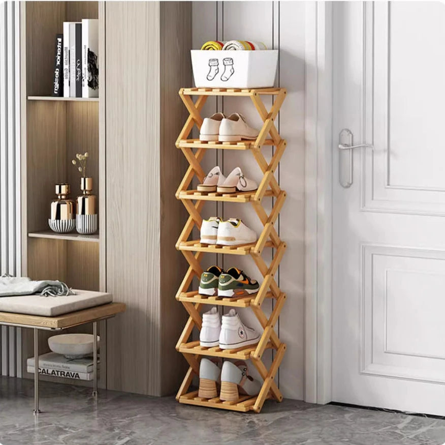 2-9 Tiers Bamboo Shoe Rack Without Installation Small Shoe Rack, Foldable Shoe Storage Rack, Shoe Organizer for Entryway