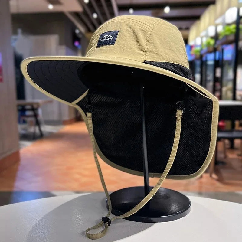 Outdoor Unisex Wide Brim Bucket Hat with Neck Flap Adjustable for Hiking Camping Fishing Wear