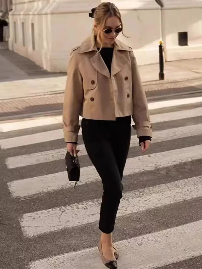 YENKYE New Autumn Women Solid Cropped Trench Coat Vintage Double Breasted Long Sleeve Short Jacket Lapel Collar Windbreaker