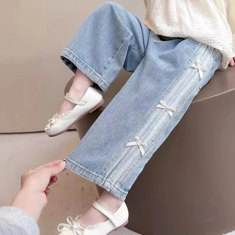 Baby Girls Spring Jeans Kids Summer Bow Denim Pants Children's Straight Wide-leg Trousers Toddler Autumn Loose Clothing 2-8Y
