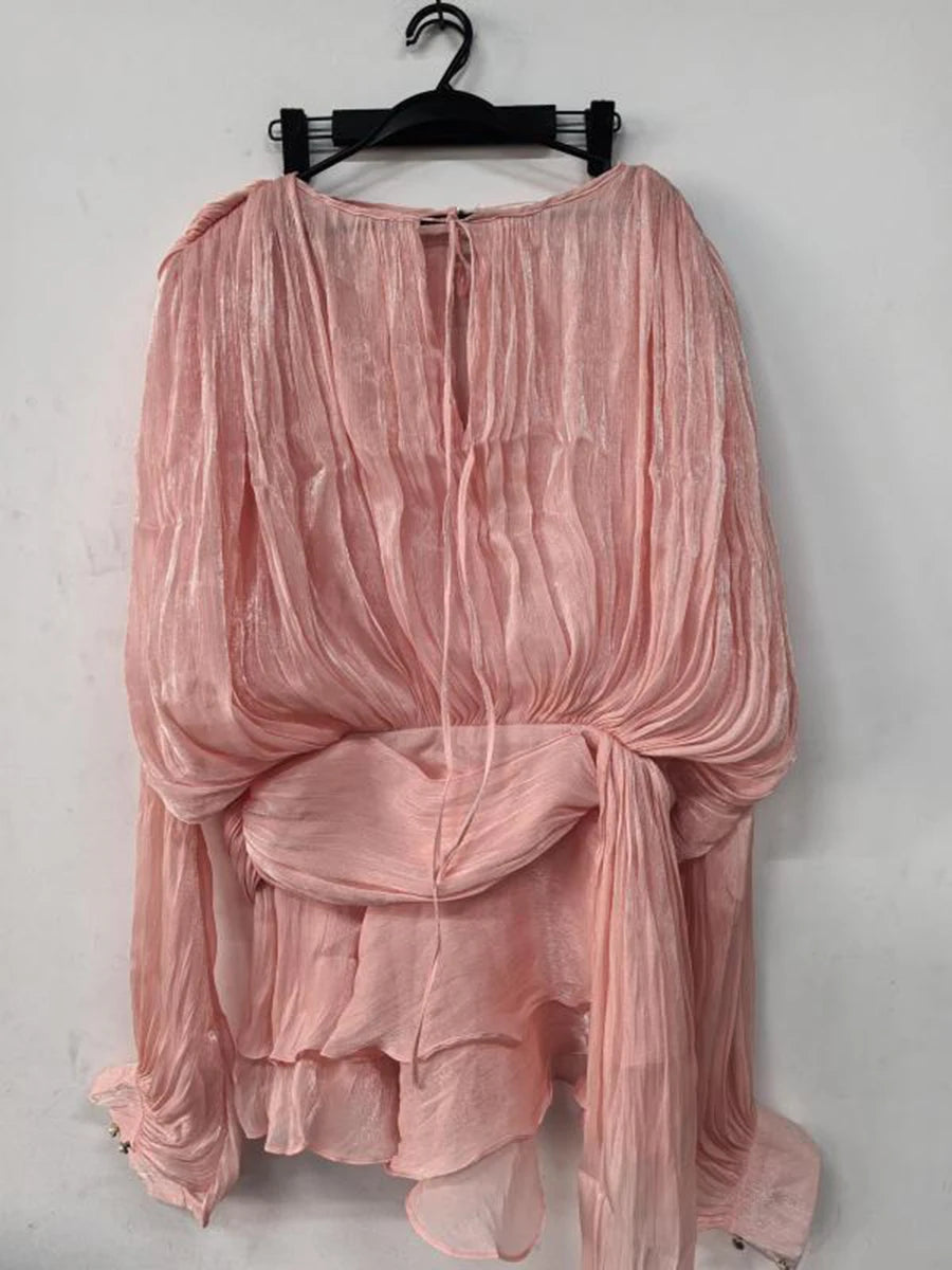 Loose Lace-Up V-Neck Ruffle Tunic Dress – Long Sleeve