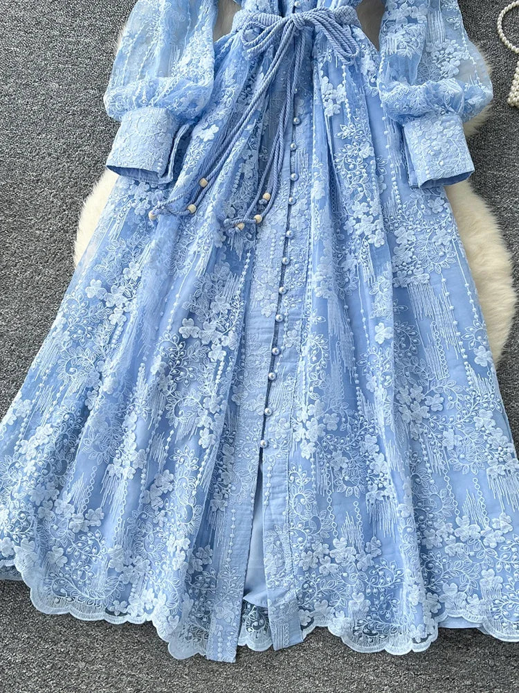 French Lace Embroidery V-Neck Lantern Sleeve Party Dress