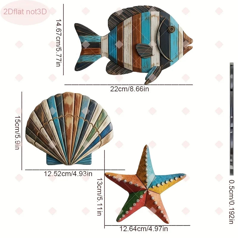 Colorful Wooden Ocean Wall Art Set – Fish, Shells & Starfish