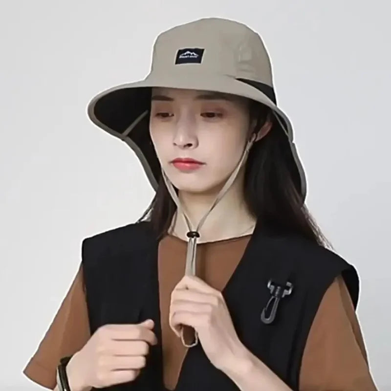 Outdoor Unisex Wide Brim Bucket Hat with Neck Flap Adjustable for Hiking Camping Fishing Wear