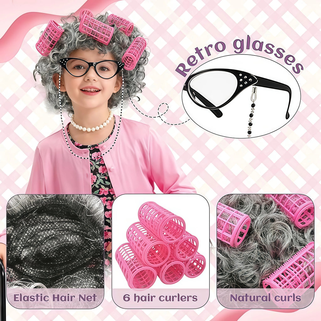 Girls 100th Day Of School Costume Old Lady Grandma Dress Up Accessories Set For Children Performance Halloween Carnival Roleplay