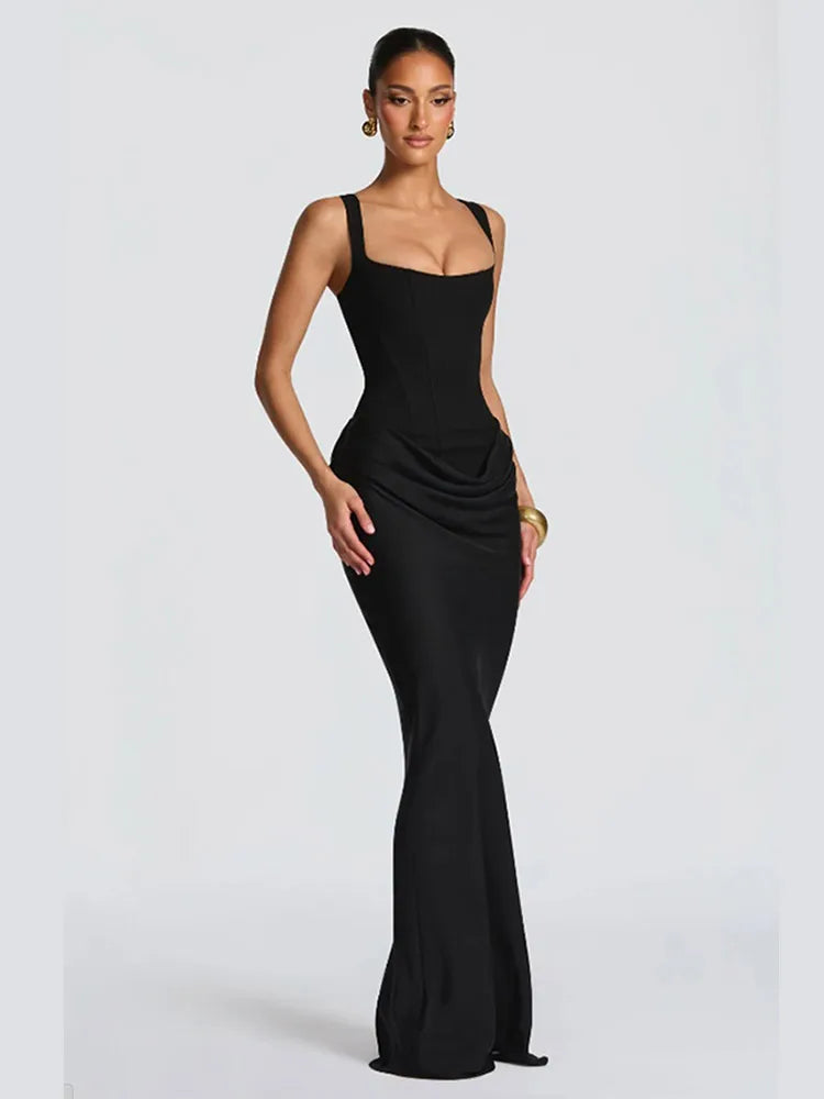 Solid Pleated Square Neck Bodycon Dress