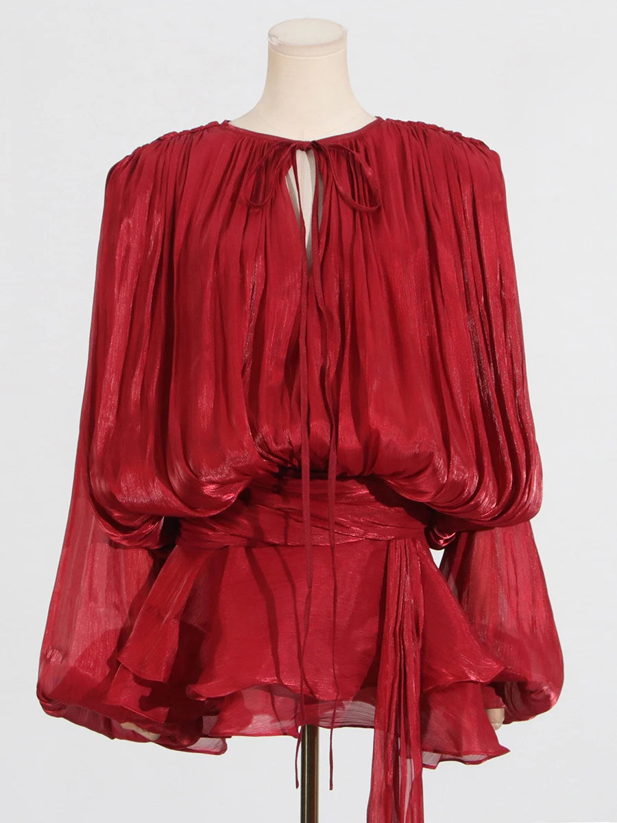Loose Lace-Up V-Neck Ruffle Tunic Dress – Long Sleeve