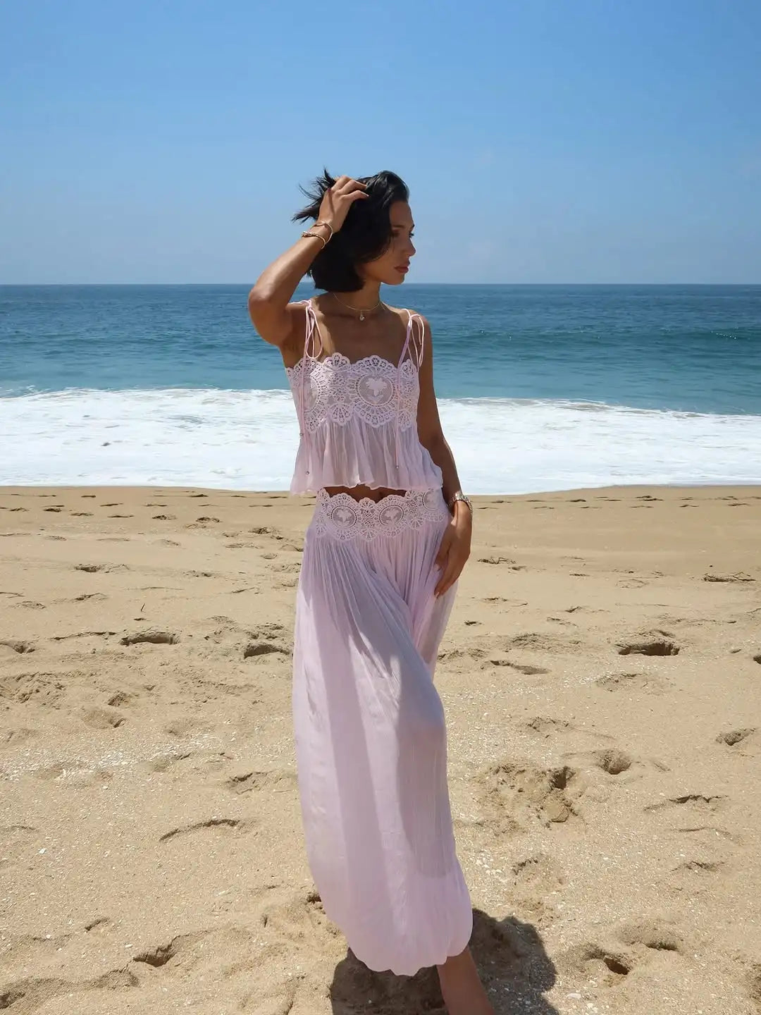 Women Pink Lace Mesh 2 Piece Outfit Straps Floral Cropped Cami High Waist Wide Leg Trousers Set Bohemian Seaside Holiday Suit