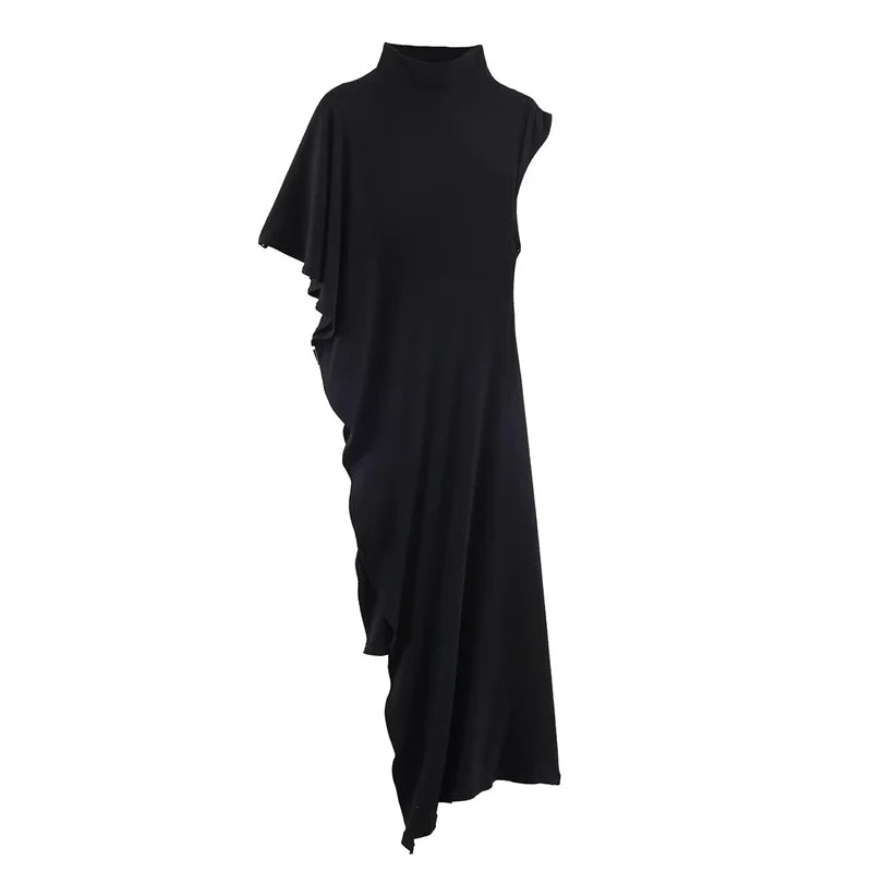 Black Asymmetrical High-Neck Draped Sleeve Top