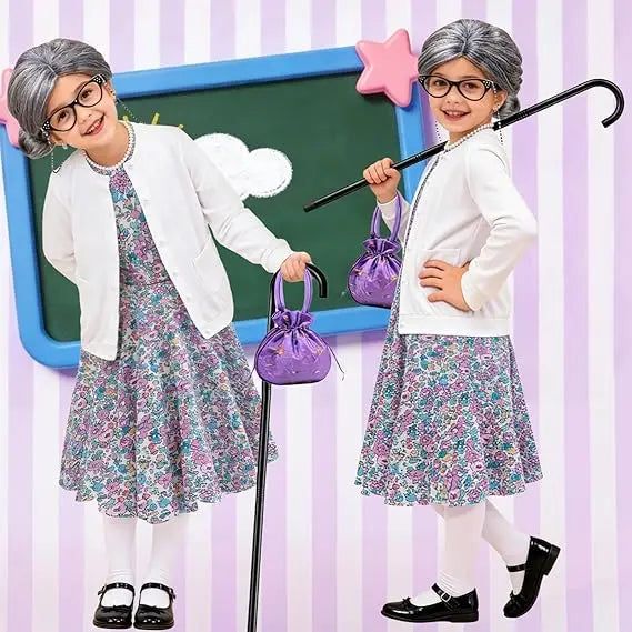 Girls 100th Day Of School Costume Old Lady Grandma Dress Up Accessories Set For Children Performance Halloween Carnival Roleplay