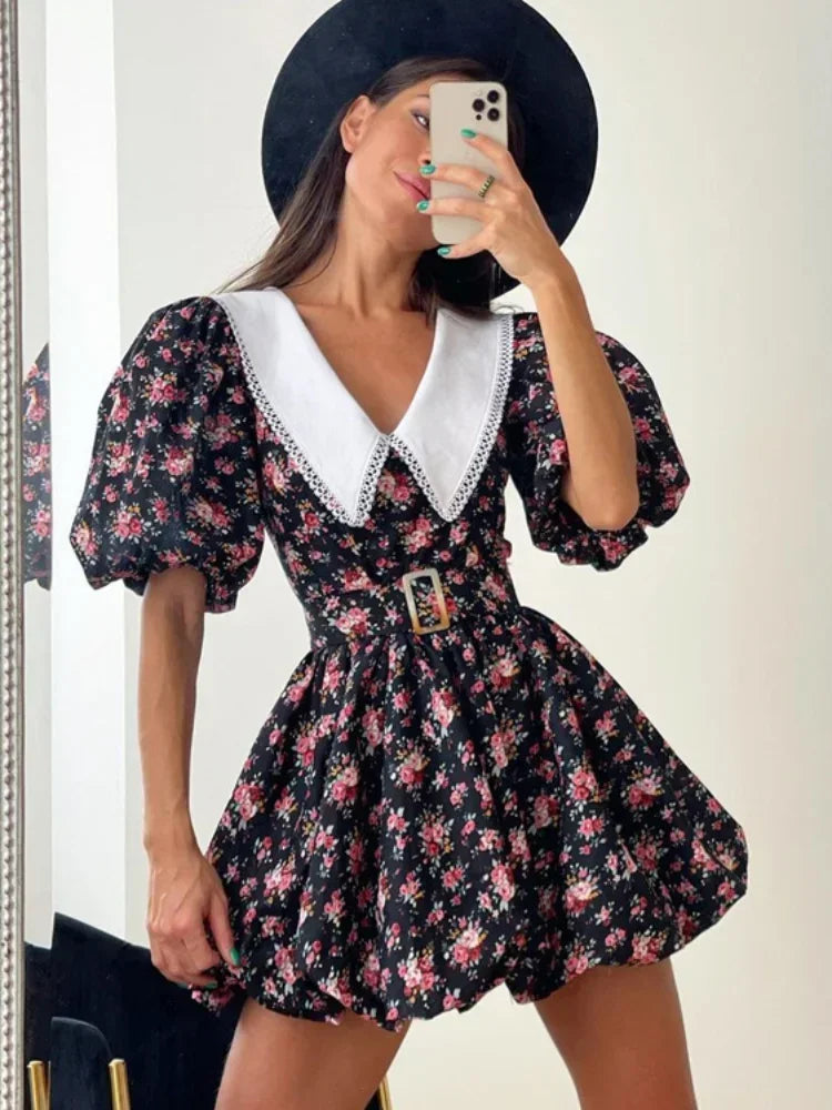 Elegant Floral Print Women Mini Dress With Waistband Chic Turndown Collar Puff Sleeve A-line Dresses Lady Summer Daily Vestidos
