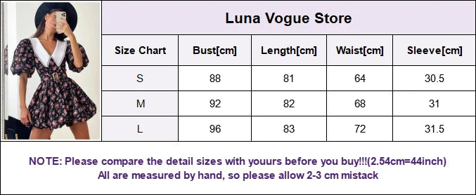 Elegant Floral Print Women Mini Dress With Waistband Chic Turndown Collar Puff Sleeve A-line Dresses Lady Summer Daily Vestidos