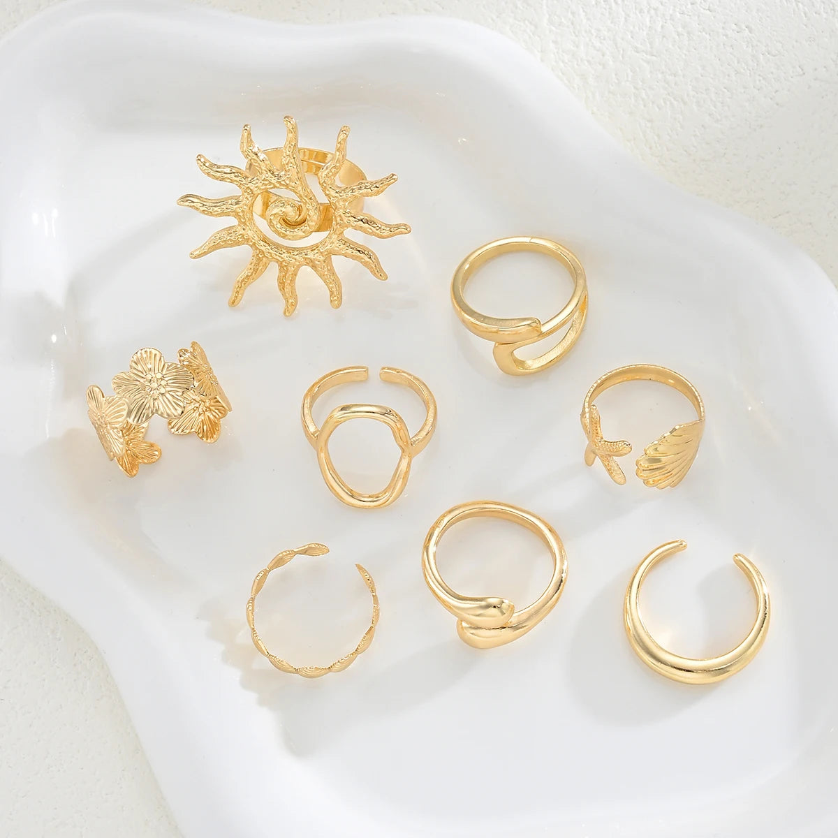 8 Pcs/Set Bohemia Sun Starfish Shell Open Rings for Women Trendy Punk Geometric Gold Color Knuckle Joint Ring Beach Jewelry Gift