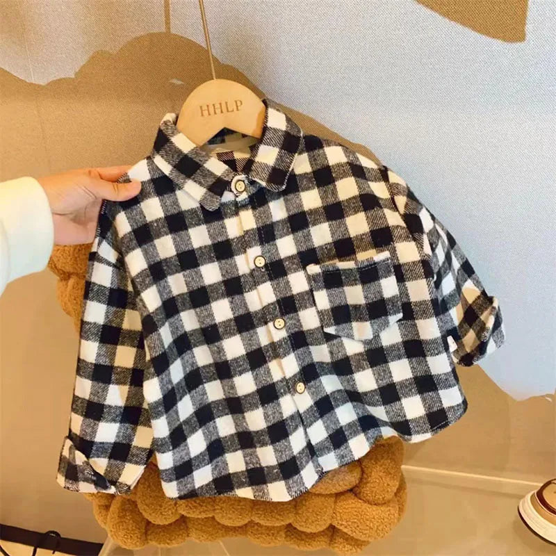 Kids' Retro Plaid Lapel Shirt – Boys & Girls Long Sleeve