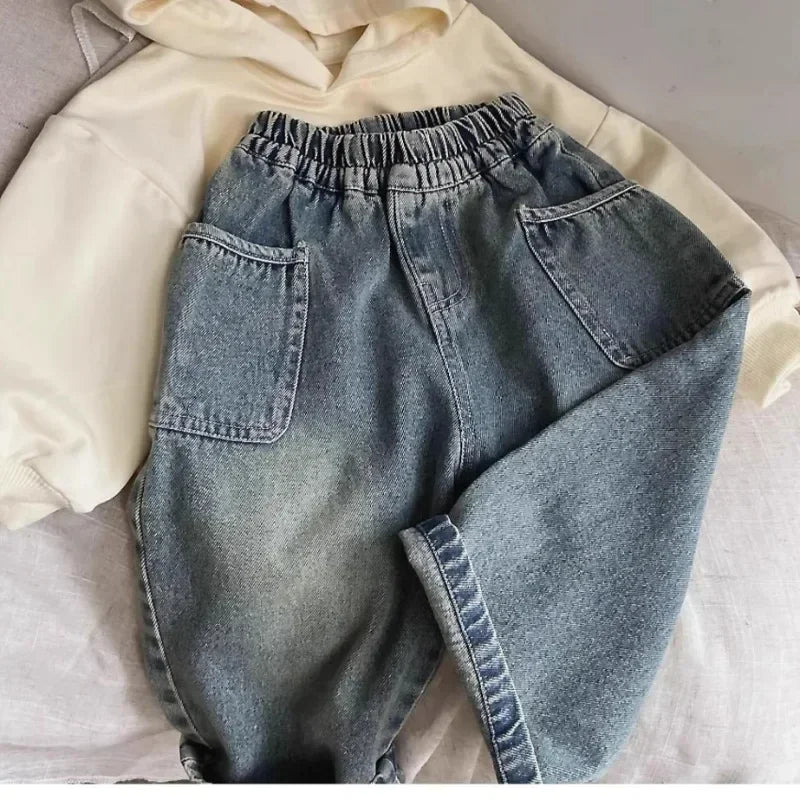 2025 Spring and Autumn New Kids pants Fashion solid color Children's straight jeans Boys loose casual denim Trousers