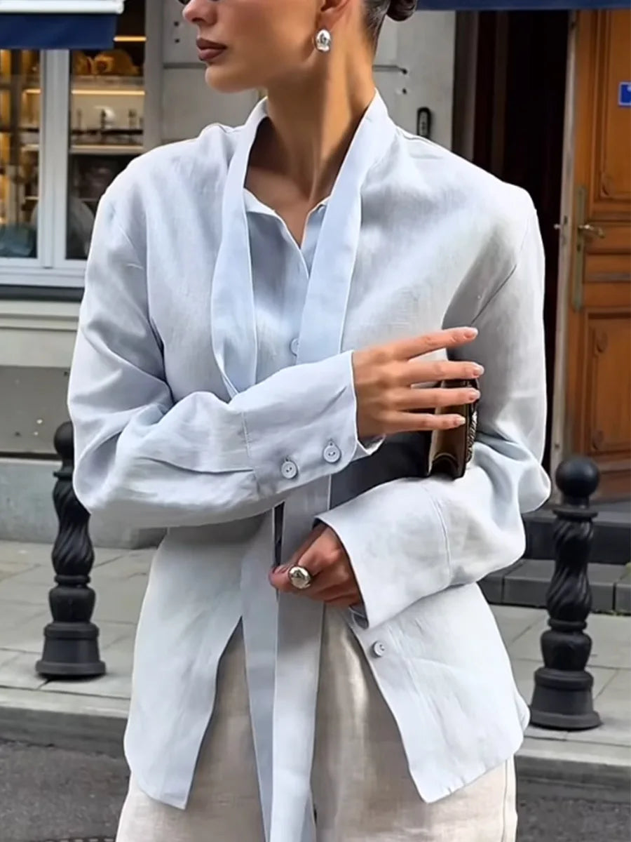 Wolfeel 100% Cotton New Autumn Tie Belted Shirt Women's  Floating Ribbon Cardigan Top Commuting Slim Blouse