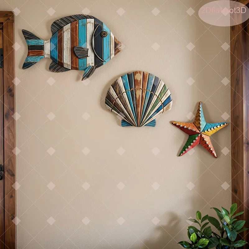 Colorful Wooden Ocean Wall Art Set – Fish, Shells & Starfish