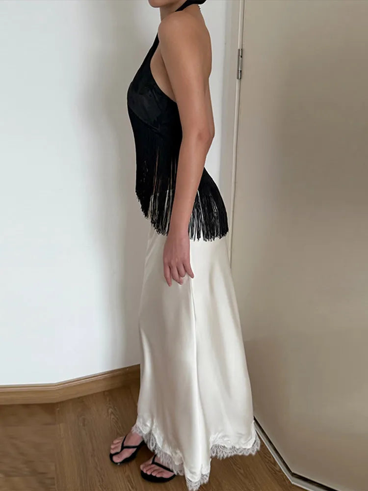 Printed Satin Long Tassel Top Elegant Sleeveless Halter Neck Backless Cross Wrap Cropped Tops 2026 Summer Women Vintage Outfits