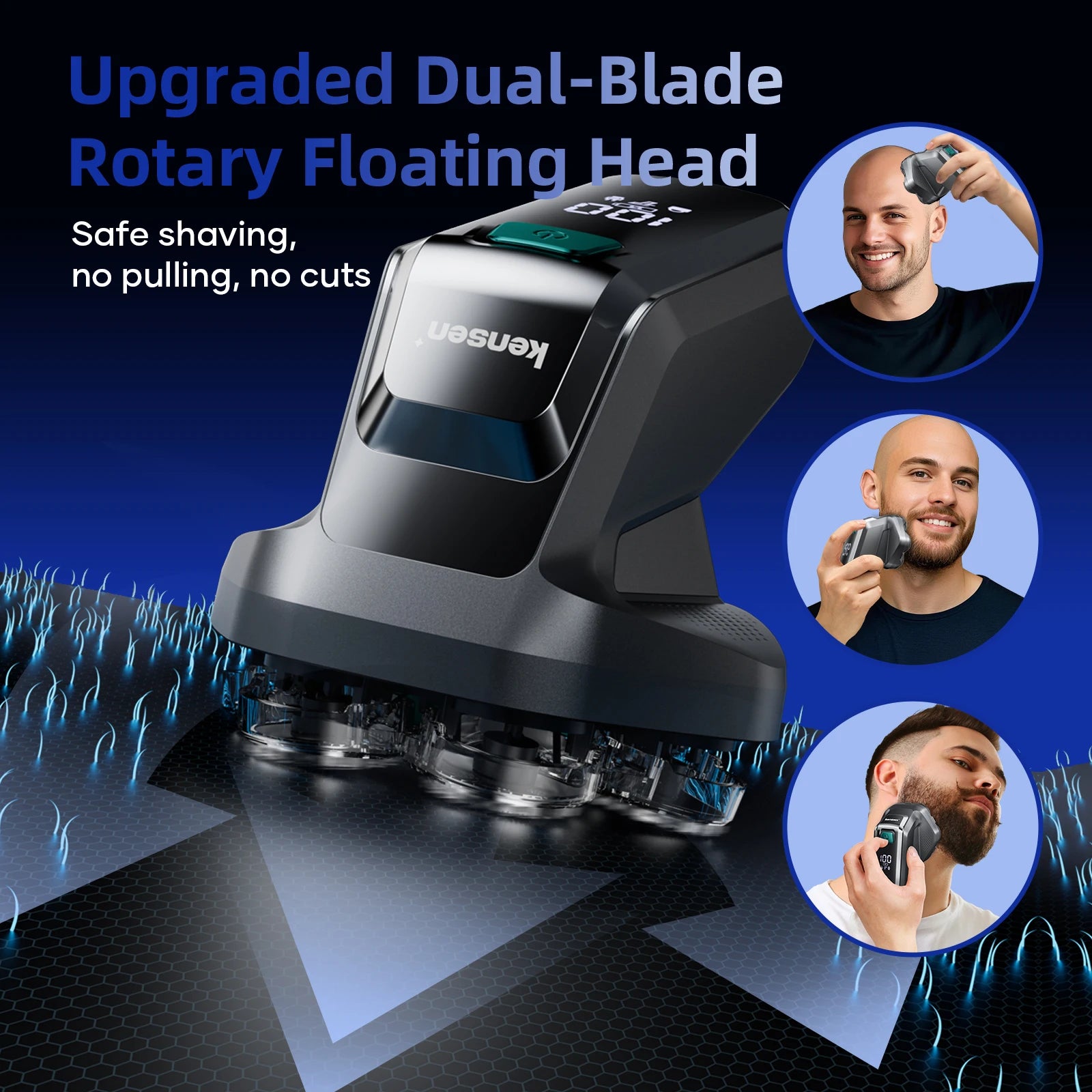 Kensen S32 Electric Head Shaver for Men 7D Floating Cutter USB-C Rechargeable 8100/8500 RPM IPX6 Waterproof Magnetic Head Razor