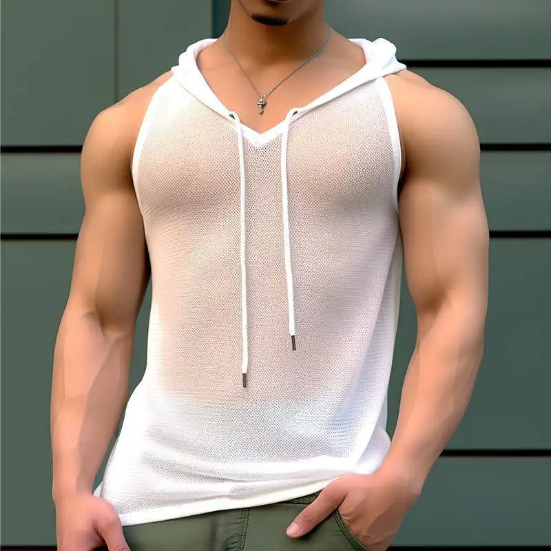 Men's Hooded Mesh Vest – Sheer Drawstring Tank for Gym & Everyday Wear