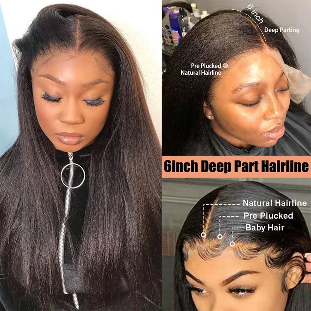 Kinky Yaki Straight 13x6 HD Lace Front Wigs For Women 200% Density Natural Black Yaki Lace Front Wigs For Women Synthetic Wigs
