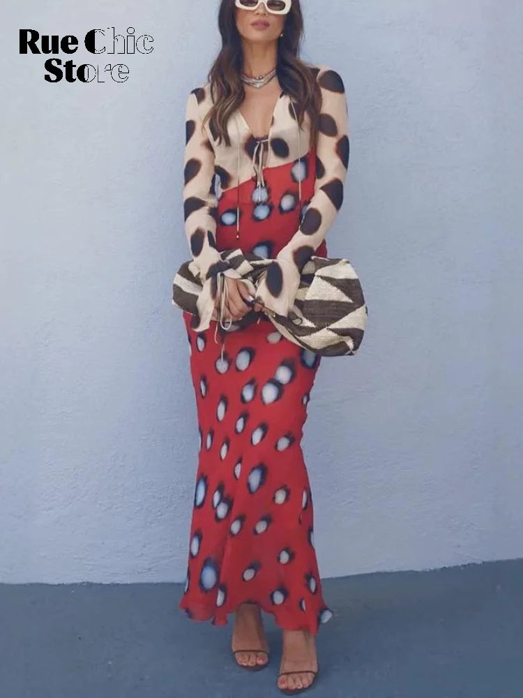 Mesh Polka Dot Flared Sleeve Slim Fit Casual Dress