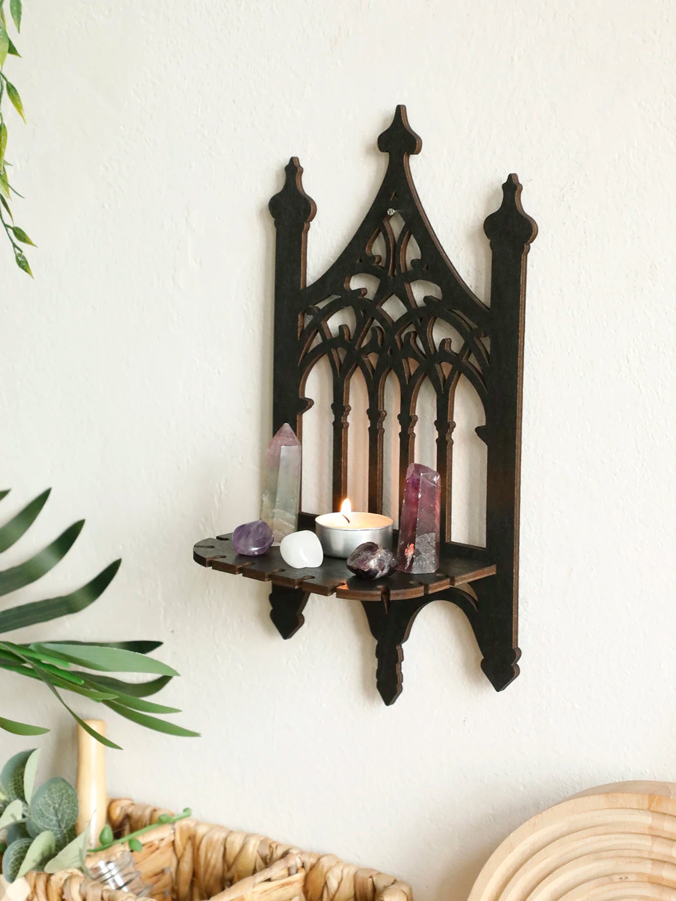 Black Gothic Floating Shelf – Crystal Holder Wall Decor
